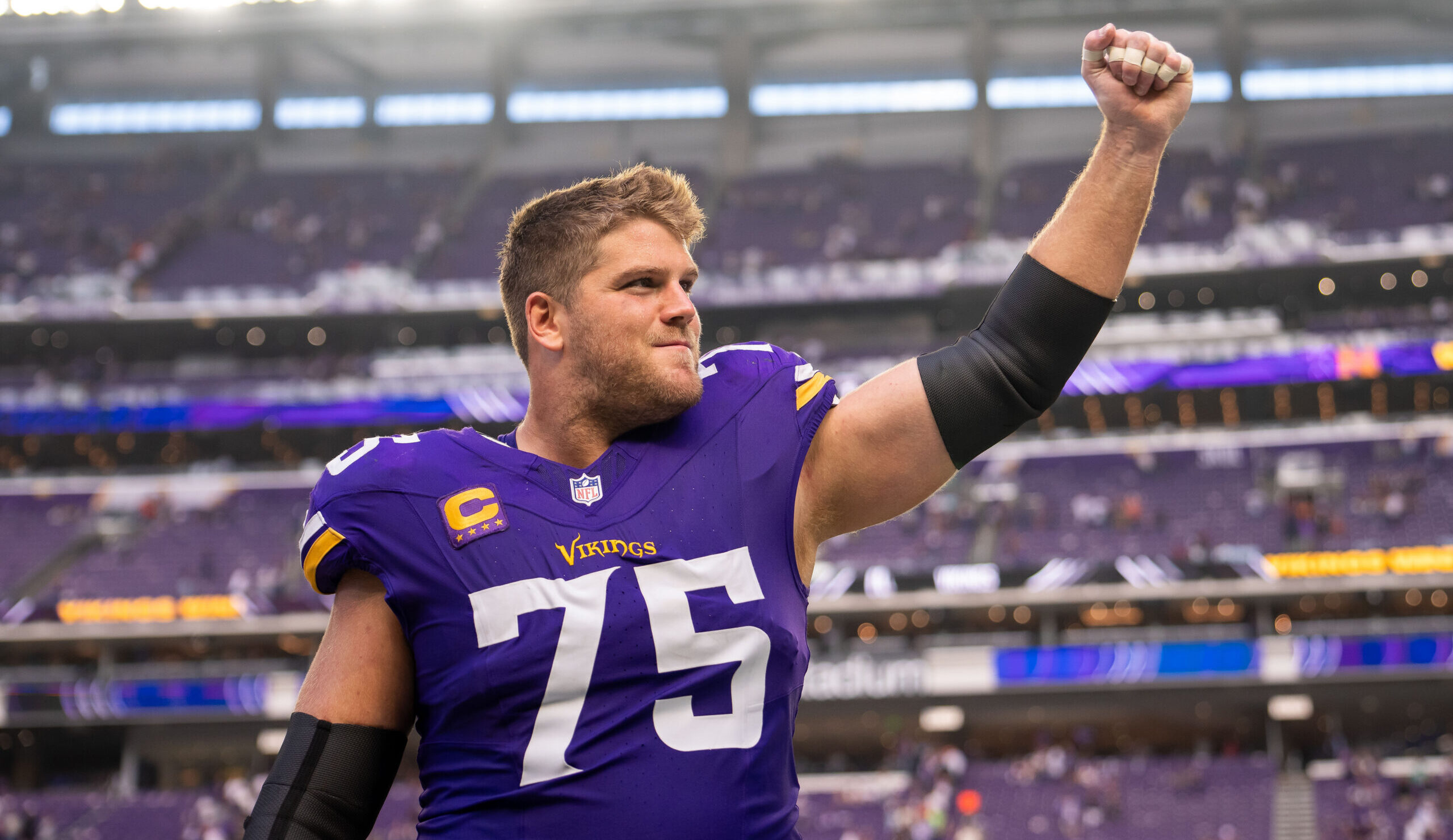 Sep 21, 2025; Minneapolis, Minnesota, USA; Minnesota Vikings offensive tackle Brian O'Neill (75) reacts towards the fans following the game against the Cincinnati Bengals at U.S. Bank Stadium. Mandatory Credit: Brad Rempel-Imagn Images