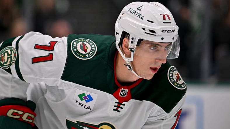 Sep 23, 2025; Dallas, Texas, USA; Minnesota Wild defenseman Carson Lambos (71) looks on during the game between the Dallas Stars and the Minnesota Wild at American Airlines Center. Mandatory Credit: Jerome Miron-Imagn Images