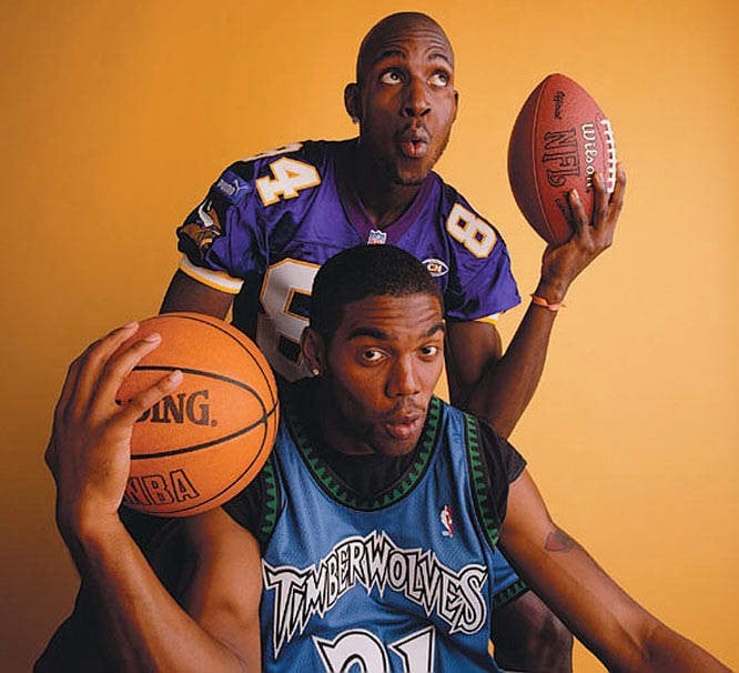 Justin Jefferson and Anthony Edwards recreate the Kevin Garnett + Randy Moss Sport Magazine cover shoot (March, 2000)