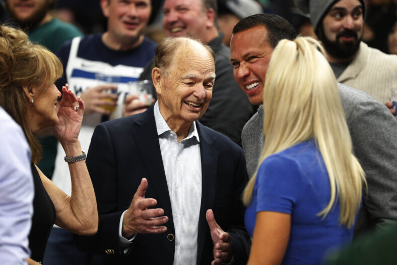 Glen Taylor, Alex Rodriguez and Marc Lore meet during a Minnesota Timberwolves game in 2022 vs the Milwaukee Bucks