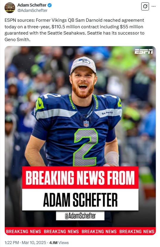 Adam Schefter tweet on former Minnesota Vikings QB Sam Darnold signing with the Seattle Seahawks