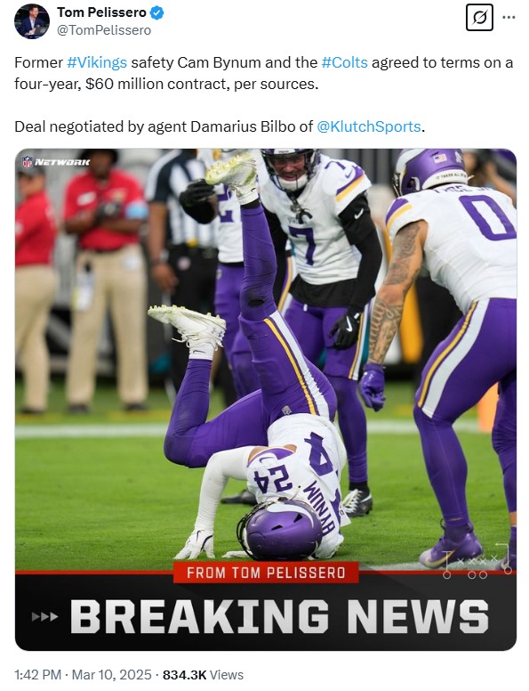 Tom Pelissero tweet about former Minnesota Vikings safety Cam Bynum signing with the Indianapolis Colts.